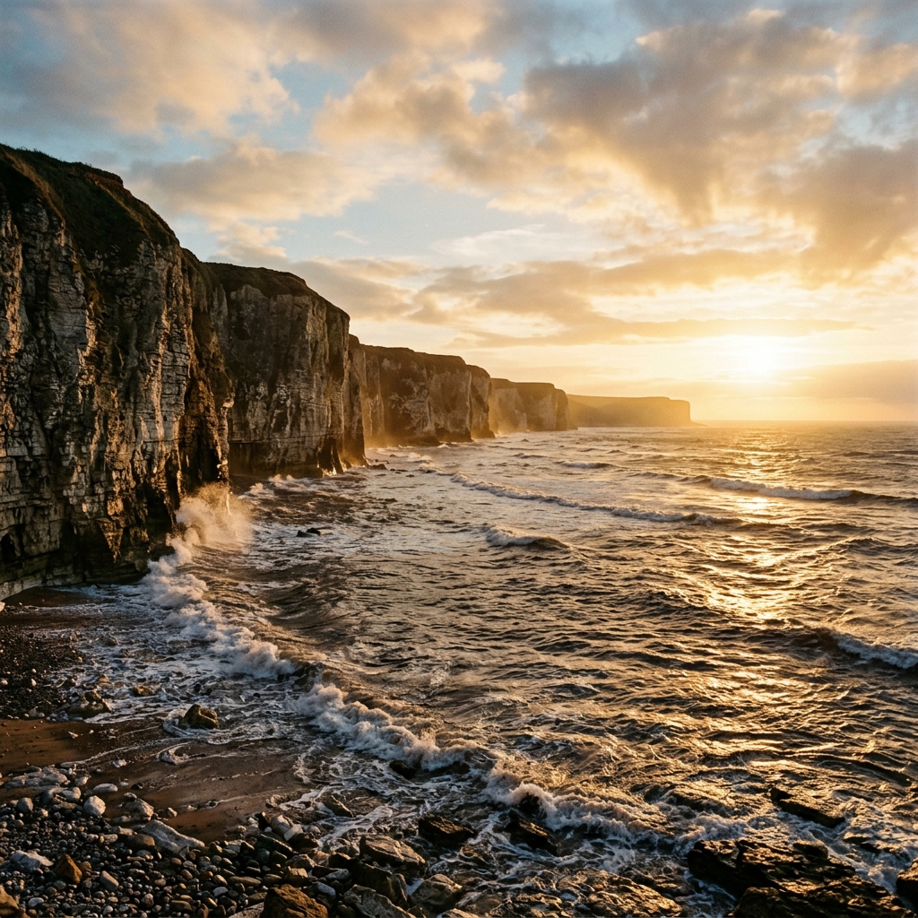 The Yorkshire coast at golden hour — dramatic cliffs and rolling North Sea waves