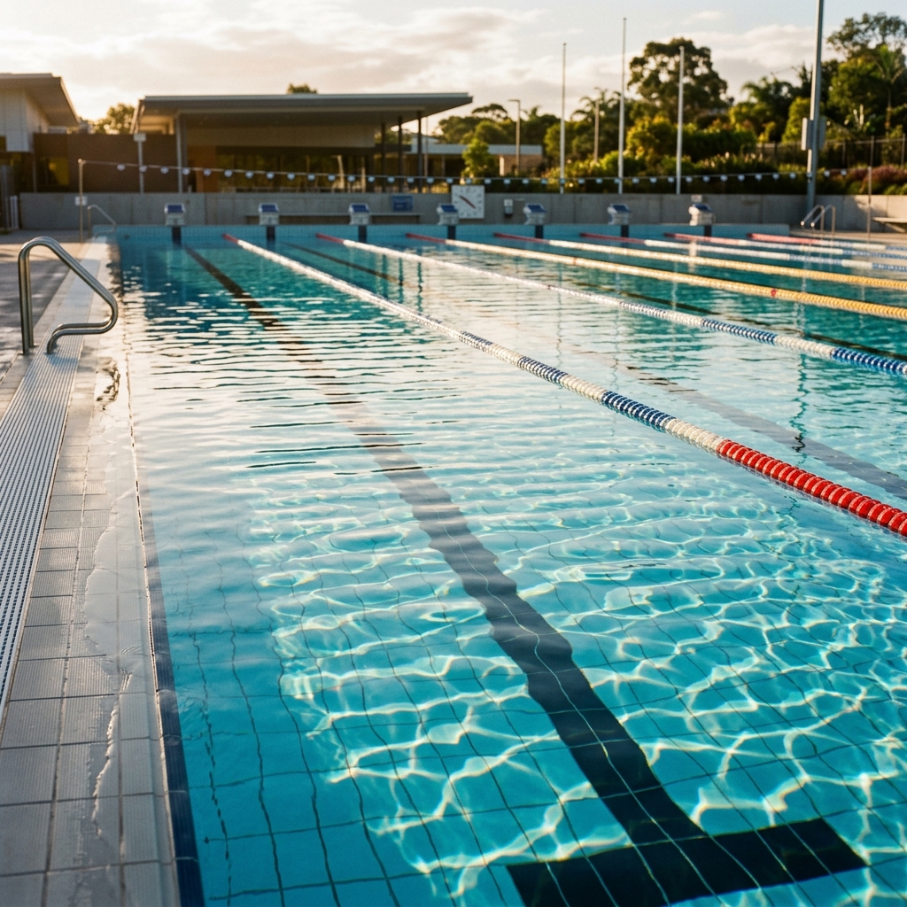 Pool training — sunlight through blue water, lifesaving academy in action