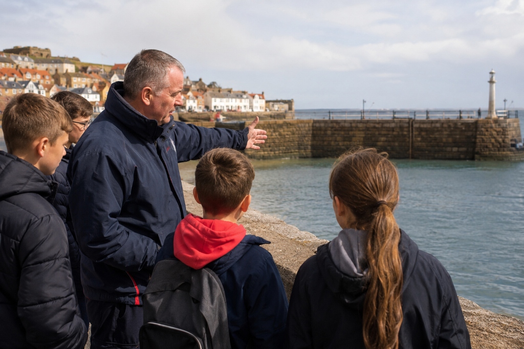 Adult and young person at the Yorkshire harbour edge — water safety education at the quayside, North Sea beyond